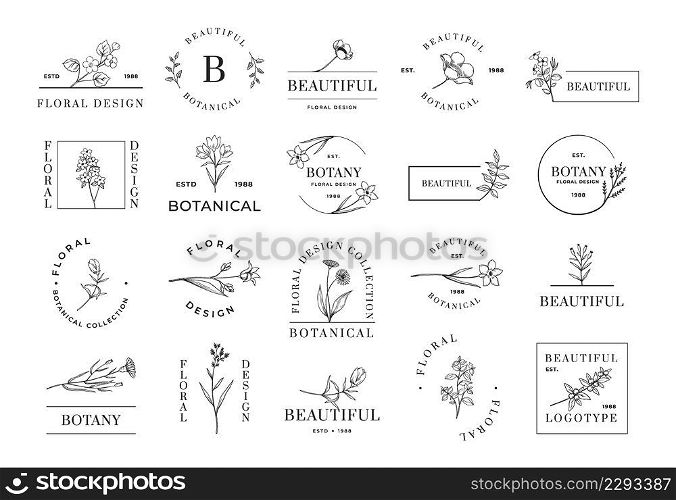 Floral logo. Minimalistic botanical emblems for cosmetic beauty wedding invitation and organic shop. Line flowers and plant twigs. Lettering and borders. Vector calligraphic beautiful botany icons set. Floral logo. Minimalistic botanical emblems for cosmetic beauty wedding invitation and organic shop. Flowers and plant twigs. Lettering and borders. Vector calligraphic botany icons set