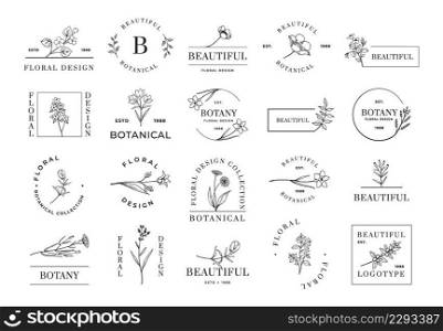 Floral logo. Minimalistic botanical emblems for cosmetic beauty wedding invitation and organic shop. Line flowers and plant twigs. Lettering and borders. Vector calligraphic beautiful botany icons set. Floral logo. Minimalistic botanical emblems for cosmetic beauty wedding invitation and organic shop. Flowers and plant twigs. Lettering and borders. Vector calligraphic botany icons set