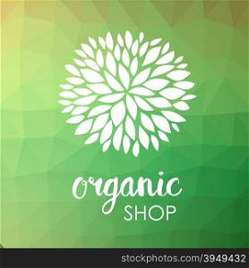 Floral logo. White flower on low poly green triangle pattern. Green life and organic ornamental concept. Can be used for organic shop or spa and beauty salon, yoga studio and hearthy clinic.