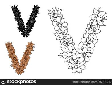 floral lowercase decorative letter V composed by outline flowers in retro style. For alphabet or font design. Floral letter V with retro stylized flowers