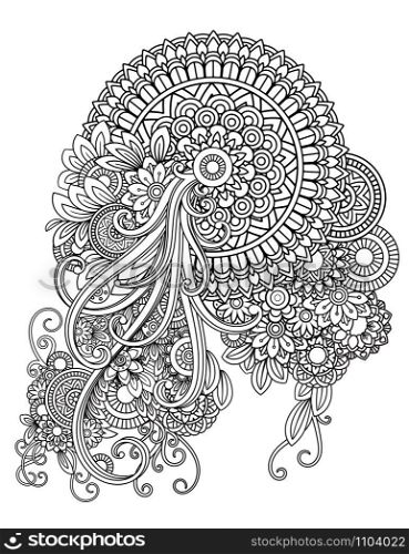 Floral mandala pattern in black and white. Adult coloring book page with flowers and mandalas. Oriental pattern, vintage decorative elements. . Hand drawn vector illustration. mandala adult coloring pages