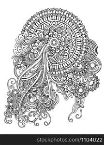 Floral mandala pattern in black and white. Adult coloring book page with flowers and mandalas. Oriental pattern, vintage decorative elements. . Hand drawn vector illustration. mandala adult coloring pages