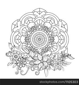 Floral mandala pattern in black and white. Adult coloring book page with flowers and mandalas. Oriental pattern, vintage decorative elements. . Hand drawn vector illustration. Floral Mandala Pattern