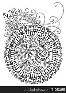 Floral mandala pattern in black and white. Adult coloring book page with flowers and mandalas. Oriental pattern, vintage decorative elements. Hand drawn vector illustration. mandala adult coloring pages