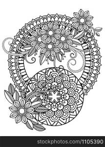 Floral mandala pattern in black and white. Adult coloring book page with flowers and mandalas. Oriental pattern, vintage decorative elements. Hand drawn vector illustration. floral coloring page