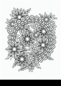 Floral mandala pattern in black and white. Adult coloring book page with flowers and mandalas. Oriental pattern, vintage decorative elements. . Hand drawn vector illustration. Floral Mandala Pattern