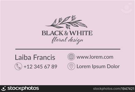 Floral minimalist design of business card with contact information, phone number, site and location. Black and white flyer with calligraphic text. Monochrome sketch outline, vector in flat style. Black and white floral design of business card