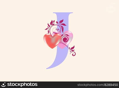 Floral monogram letter with heart sign. Initial alphabet with botanical elements.