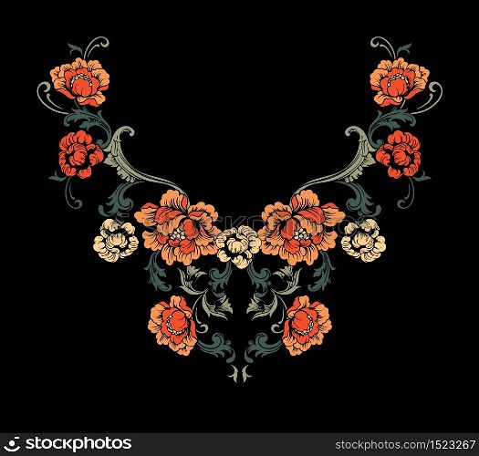 Floral neck embroidery design in Baroque Style. Independent composition with flowers and leaves. Vector.. Floral neck embroidery design in Baroque Style.
