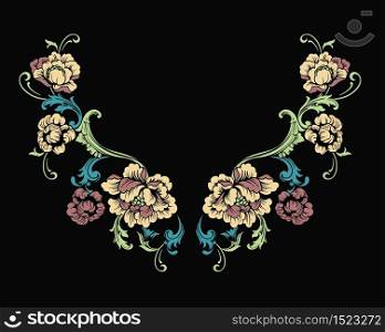 Floral neck embroidery design in Baroque Style. Independent composition with flowers and leaves. Vector.. Floral neck embroidery design in Baroque Style.
