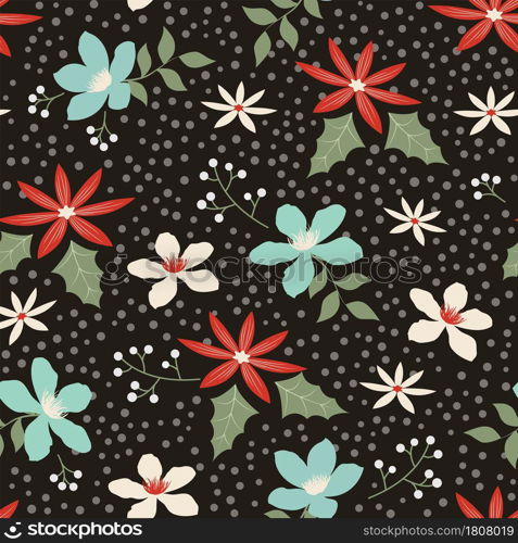 Floral on dark background seamless pattern for christmas decorative,fabric,textile,print or wrapping paper,vector illustration