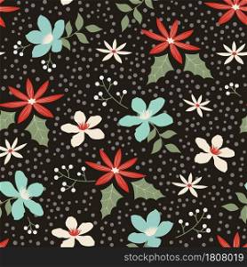 Floral on dark background seamless pattern for christmas decorative,fabric,textile,print or wrapping paper,vector illustration