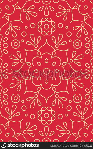 Floral ornament and hindu henna seamless pattern on red background