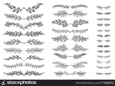 Floral ornament dividers. Ornamental leafs scroll decoration, decorative branch and hand drawn divider vector set. Bundle of pairs of sprigs, botanical design elements, natural monochrome decorations.. Floral ornament dividers. Ornamental leafs scroll decoration, decorative branch and hand drawn divider vector set