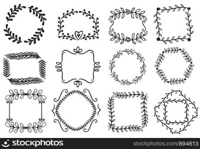 Floral ornament frames. Decorative leaves frame, hand drawn ornamental borders. Victorian style decor floral border, luxury royal antique wedding decorative emblem. Isolated vector icons set. Floral ornament frames. Decorative leaves frame, hand drawn ornamental borders vector set