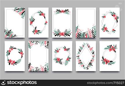Floral ornament invitation card. Willow leafs frame border, ornaments frames corners and ornamental twig wedding cards. Spring flower greeting elegant card vector template isolated set. Floral ornament invitation card. Willow leafs frame border, ornaments frames corners and ornamental twig wedding cards vector template
