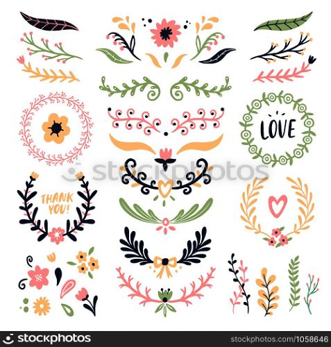 Floral ornament wreath. Retro flower swirl banner, wedding card flowers garland frames and ornamental dividers. Laurel greek logo, branch heraldry awards olive wreaths isolated vector icons set. Floral ornament wreath. Retro flower swirl banner, wedding card flowers garland frames and ornamental dividers isolated vector set