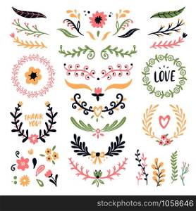 Floral ornament wreath. Retro flower swirl banner, wedding card flowers garland frames and ornamental dividers. Laurel greek logo, branch heraldry awards olive wreaths isolated vector icons set. Floral ornament wreath. Retro flower swirl banner, wedding card flowers garland frames and ornamental dividers isolated vector set