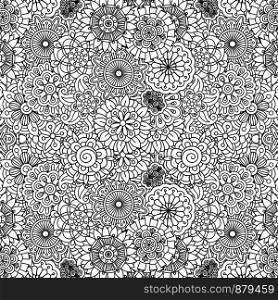 Floral ornamental black and white linear pattern. Vector decorative background with round, mandala like flowers. Floral ornamental decorative pattern