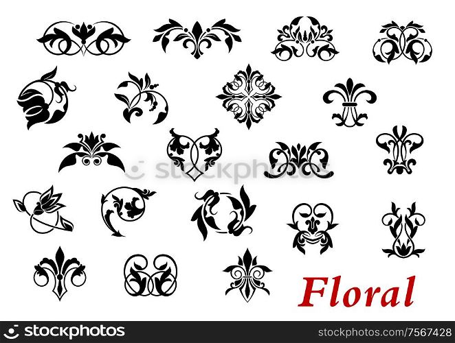 Floral ornamental elelments and vignettes in damask style isolated on white for design and ornate