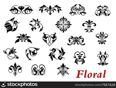 Floral ornamental elelments and vignettes in damask style isolated on white for design and ornate