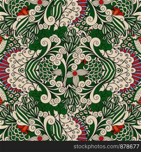 Floral ornamental pattern with outline swirls and decorative elements in green and white colors. Vector illustration. Floral ornamental pattern with outline swirls