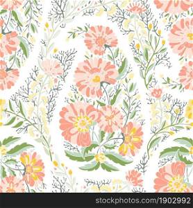 Floral ornaments with roses or marguerite, florist composition with leaves and flowers in bloom. Seasonal blossom and flourishing. Background or print. Seamless pattern, vector in flat style. Florist composition with roses or blooming flower