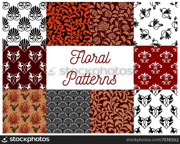 Floral ornate seamless decoration patterns. Vector seamless tile pattern of stylized flourish and flowery graphic ornaments for tapestry, textile, interior design elements. Floral ornate seamless decoration patterns