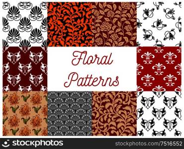Floral ornate seamless decoration patterns. Vector seamless tile pattern of stylized flourish and flowery graphic ornaments for tapestry, textile, interior design elements. Floral ornate seamless decoration patterns