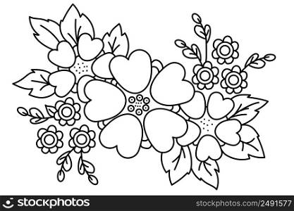 Floral pattern. Decorative flower arrangement, a bouquet of plants and flowers, branches and leaves. Vector drawing. Black line, outline. White background. for printing, decor, design and postcards