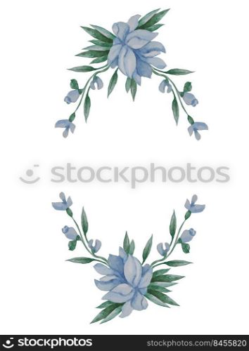Floral pattern. frame of blue flowers, buds and leaves on white background. Watercolor. Openwork vignette of plants For festive design, postcards, decoration, packaging, printing
