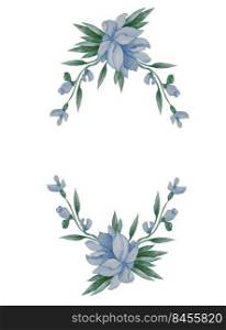 Floral pattern. frame of blue flowers, buds and leaves on white background. Watercolor. Openwork vignette of plants For festive design, postcards, decoration, packaging, printing