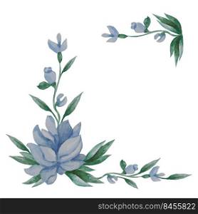 Floral pattern. frame of blue flowers, buds and leaves on white background. Watercolor. For festive design, postcards, decoration, packaging, printing, scrapbooking paper. Hand drawing