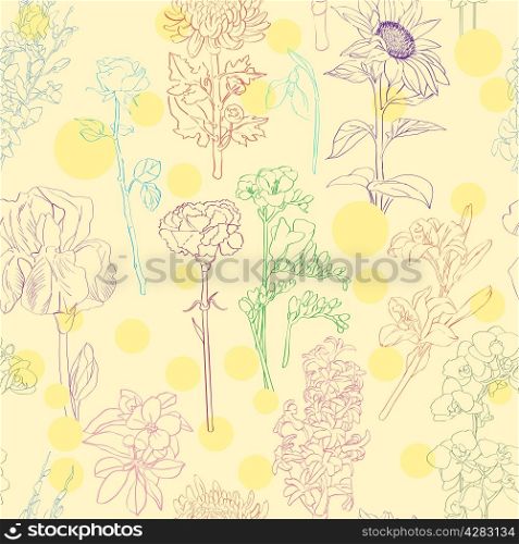 Floral pattern illustration, beautiful hand drawn color sketches of twelve different flowers over yellow background
