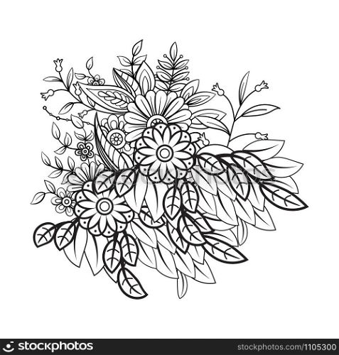 Floral pattern in black and white. Adult coloring book page with bouquet. Art therapy, anti stress coloring page. Hand drawn vector illustration. Floral pattern in black and white