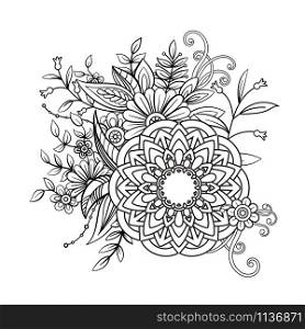Floral pattern in black and white. Adult coloring book page with flowers and mandala. Art therapy, anti stress coloring page. Hand drawn vector illustration. Floral pattern in black and white
