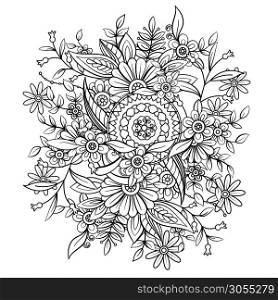 Floral pattern in black and white. Adult coloring book page with flowers and mandala. Art therapy, anti stress coloring page. Hand drawn vector illustration. Floral pattern in black and white