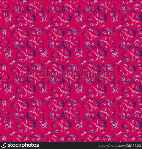 Floral pattern in crimson color with blue hues, hand drawing vector illustration