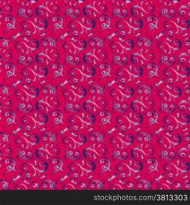 Floral pattern in crimson color with blue hues, hand drawing vector illustration