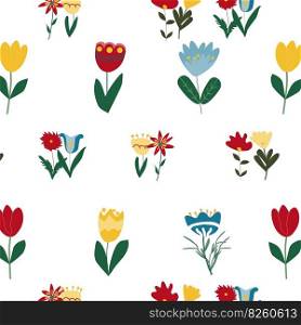 floral pattern in folk style. bright summer and spring flowers on a white background, yellow, blue, red