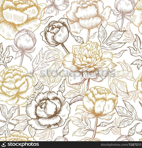 Floral pattern. Peonies textile design pictures of flowers and leaves nature vector seamless background. Illustration of pattern seamless sketch flower. Floral pattern. Peonies textile design pictures of flowers and leaves nature vector seamless background