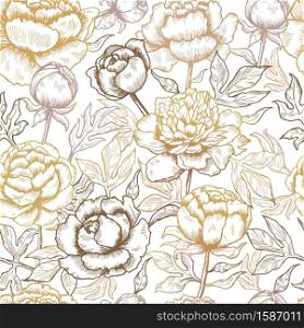 Floral pattern. Peonies textile design pictures of flowers and leaves nature vector seamless background. Illustration of pattern seamless sketch flower. Floral pattern. Peonies textile design pictures of flowers and leaves nature vector seamless background