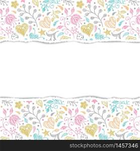 Floral pattern with ripped paper on white background.Vector illustration.. floral pattern with torn paper
