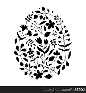 Floral patterns in the shape of an Easter egg.Plant elements, leaves, twigs, flowers.Black silhouettes of spring plants.Design for holiday cards.Stencil, template.Doodle vector on white background