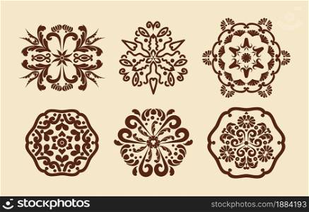 Floral patterns of mandalas. Mehndi pattern. Decorative texture. Brown, beige color. For the design of wall, menus, wedding invitations or labels, for laser cutting, marquetry. . Floral patterns of mandalas. Mehndi pattern
