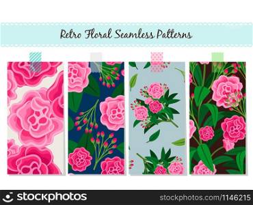 Floral Patterns Set. Vector vintage english ornament backgrounds with pink flowers for england prints and decorative gift wrapping. Floral Patterns Set. Vector vintage english ornament backgrounds with pink flowers