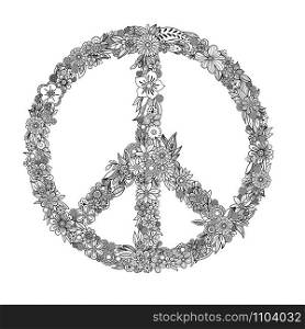 Floral peace symbol. Coloring page for adult coloring book. Hand drawn doodle style. Vector illustration. Isolated on white background.. Peace symbol coloring page