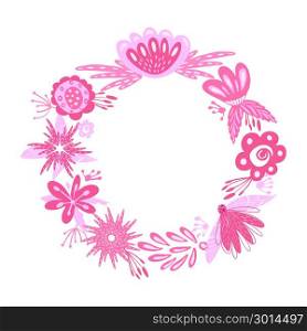 floral pink wreath. Wreath from flowers, leaves and branches, pink colors isolated on white. Sketched wreath, floral and herbs garland.