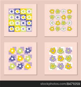 Floral pr∫s col≤ction with daisy flowers in 1970s sty≤. Hipπe aesthetic stickers for T-shirt, texti≤and fabric. Hand drawn vector illustration for decor and design.