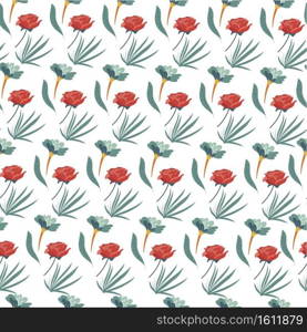 Floral print or background, roses and green foliage seamless pattern. Decorative bouquets, spring or summer blooming of plants. Flowers with twigs and leaves, seasonal blooming vector in flat style. Roses and floristic bouquets, nature foliage seamless pattern